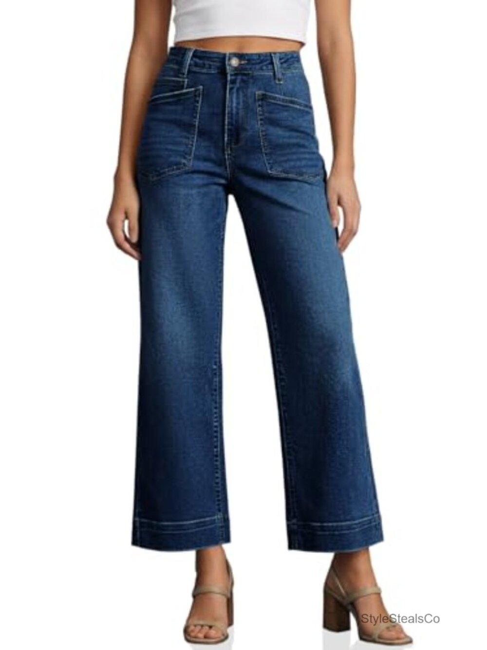 Womens Cropped Wide Leg Jeans High Waisted Baggy Denim Ankle Pant Stretch
